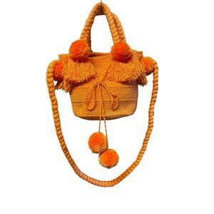 Sensi Studio Orange Shoulder Tote Bag Pom Pom Tassel Woven Picnic Vacation